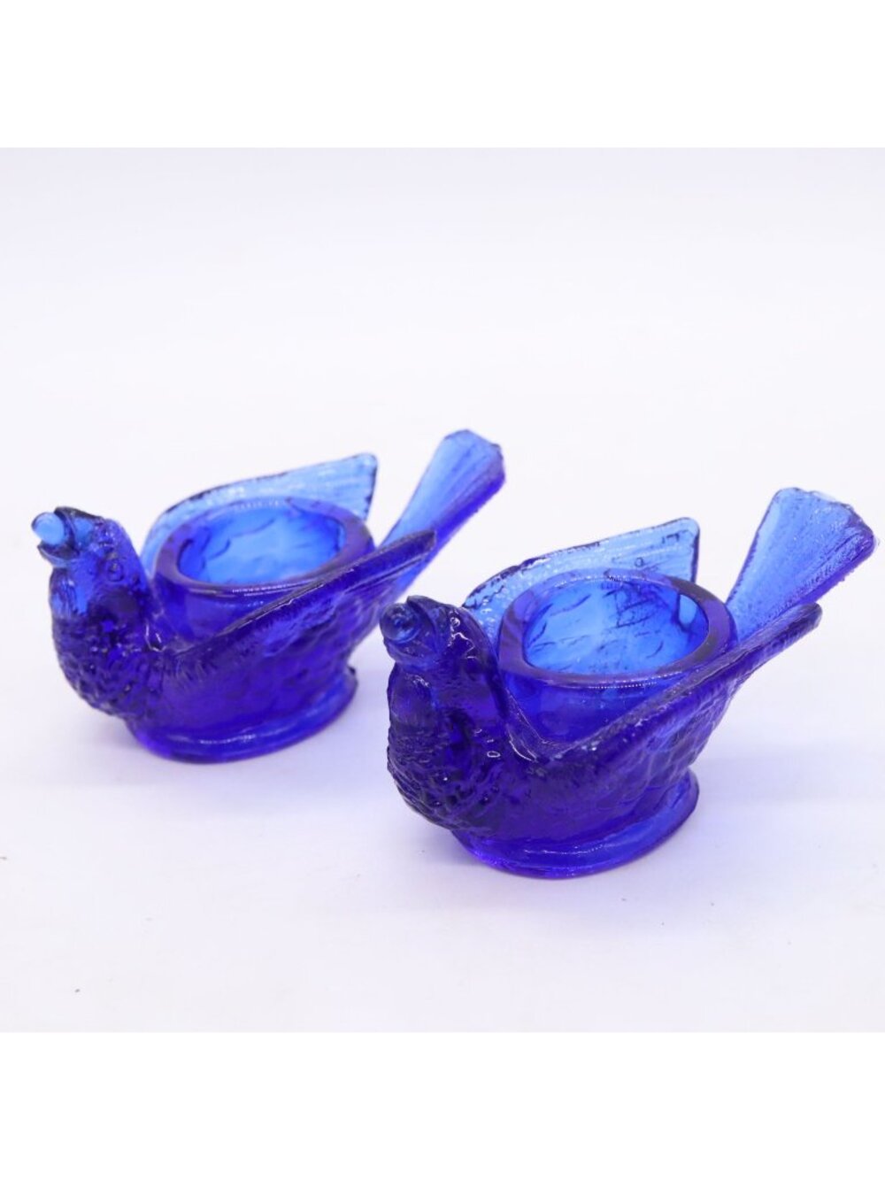 Set of 2 Cobalt Blue Glass Bird with Berry Open Salt Cellars